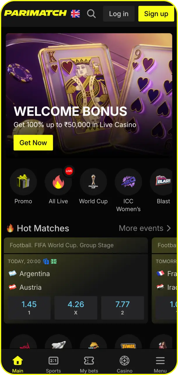 View the user-friendly interface design on the main dashboard for the Parimatch app.