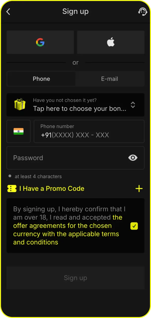 Fill out your personal info on the register on Parimatch app.
