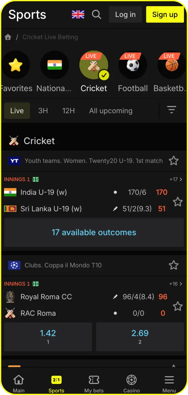 Place instant in-play wagers through the sports betting module inside Parimatch app.