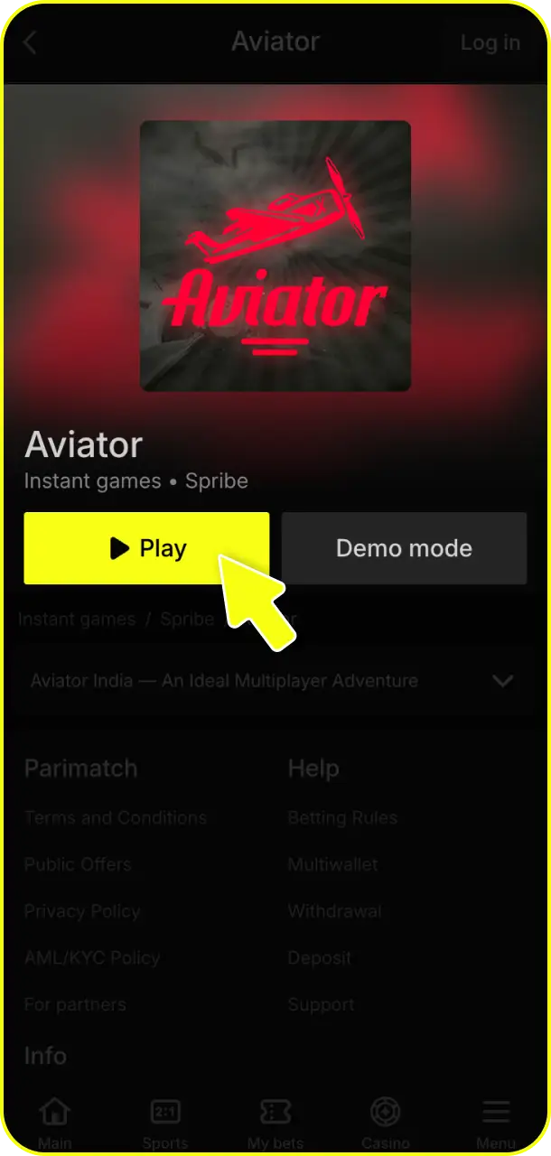 Navigate to Aviator in the main entertainment panel to start your game sessions on Parimatch Aviator.