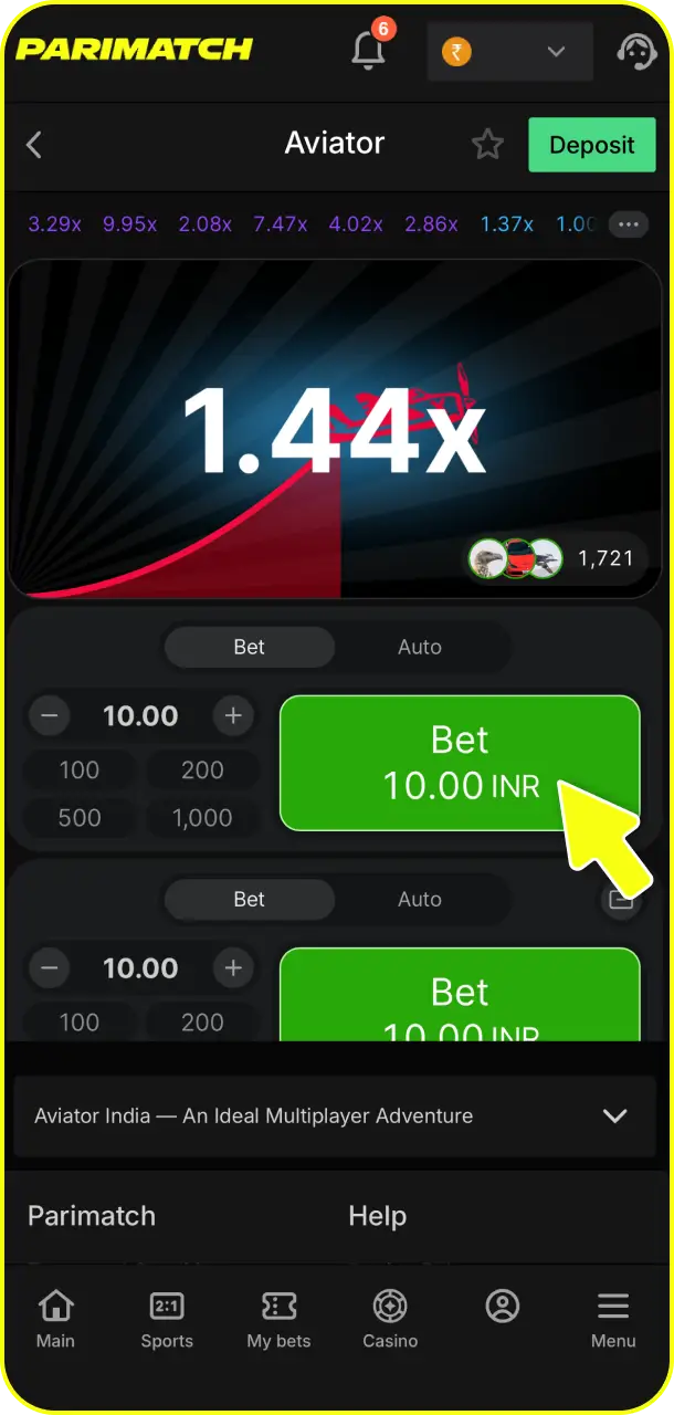 Watch the plane fly high as you place your bet and cash out on Parimatch Aviator.