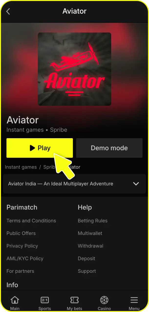 Navigate through the interactive dashboard to find Aviator in the game lobby on Parimatch.