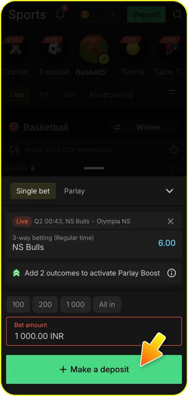 Choose your desired tournament markets and odds to start betting on basketball via Parimatch.