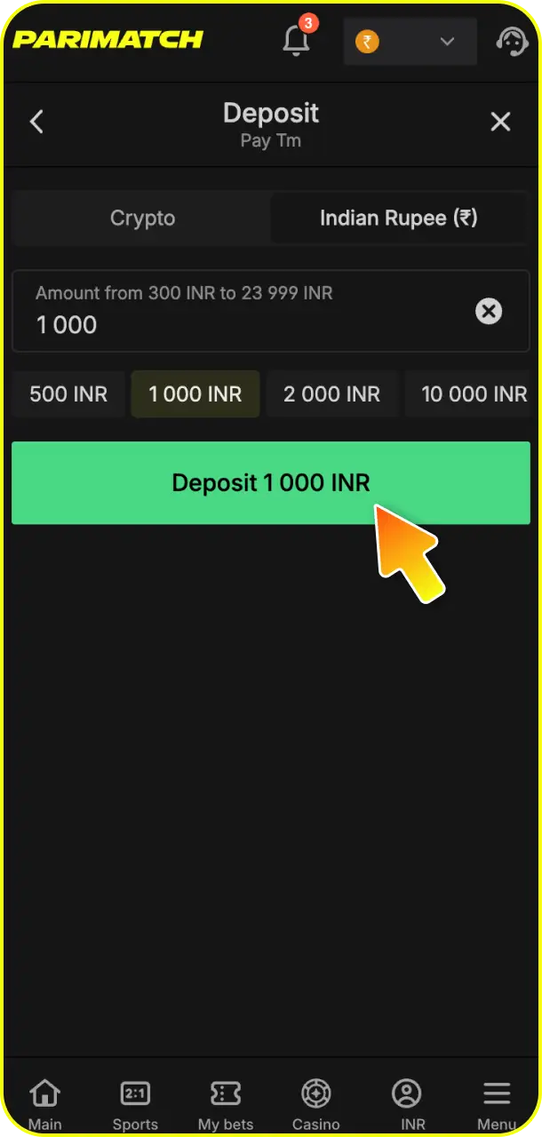 Top up your virtual balance easily as you deposit funds using your preferred payment method on Parimatch.