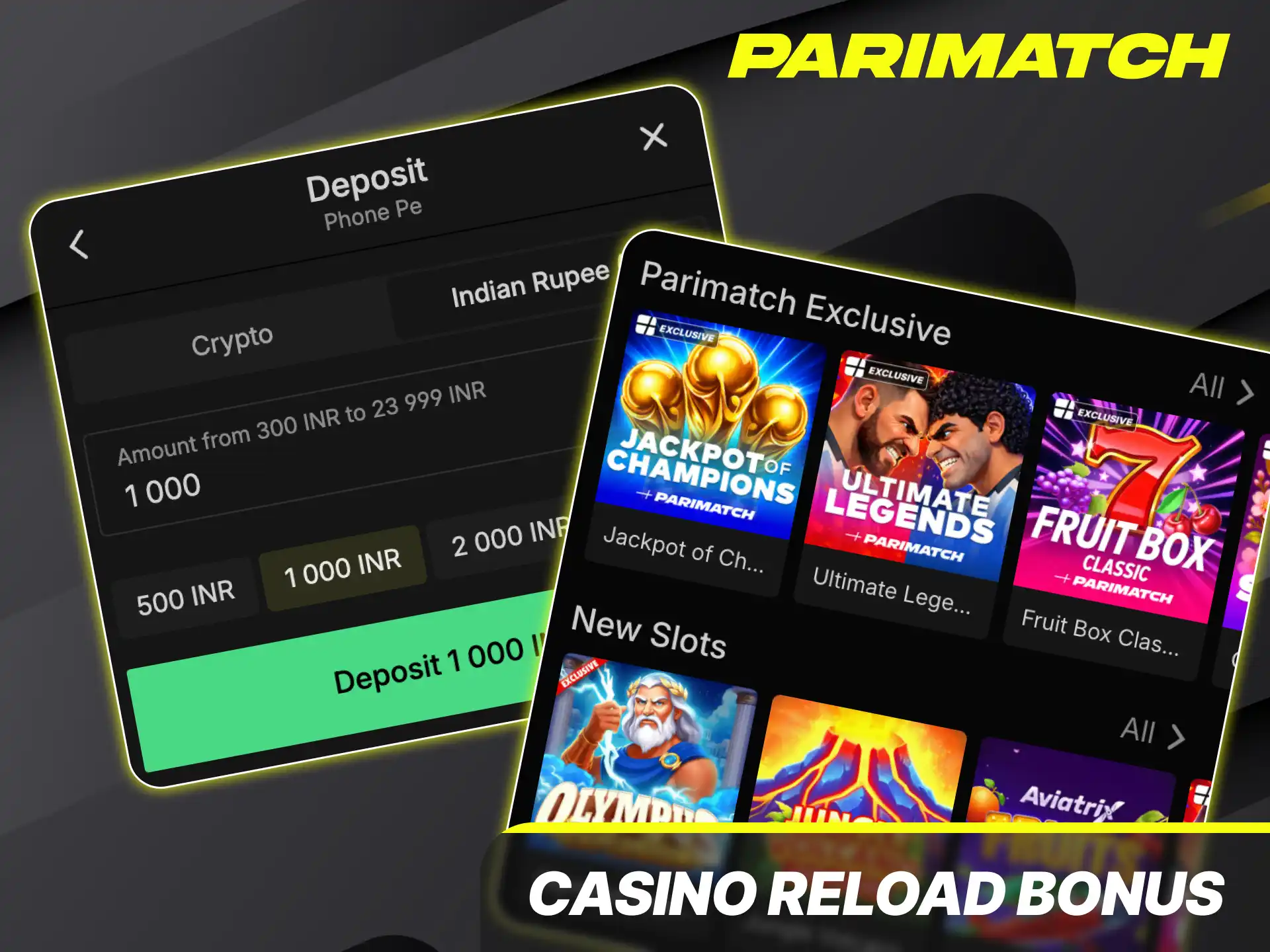 Replenish your gaming account balance and trigger a generous casino reload bonus on Parimatch.