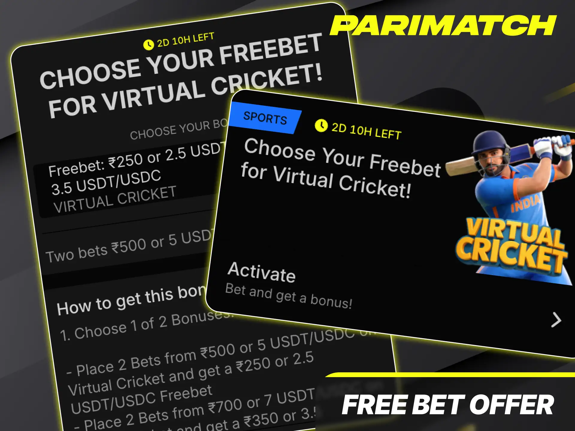 Make completely risk-free sports wagers using a special free bet offer on Parimatch bonuses.