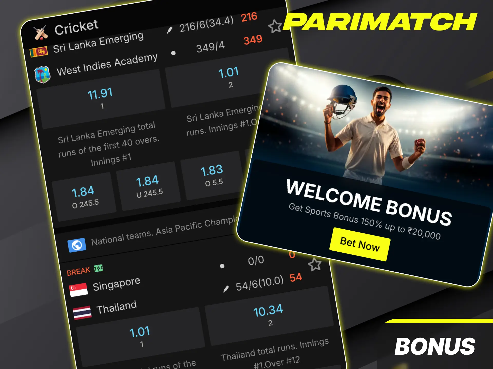Claim an exclusive package of extra promotional funds by activating the generous welcome bonus for cricket betting at Parimatch.