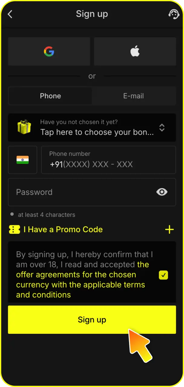 Fill in the quick sign-up form with your valid personal information to register your account at Parimatch cricket.