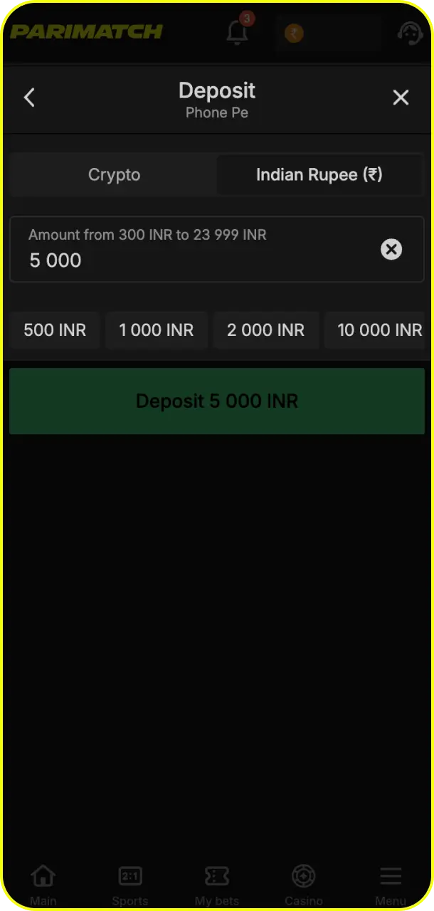 Type in your desired funding balance and enter the deposit amount at Parimatch deposit.