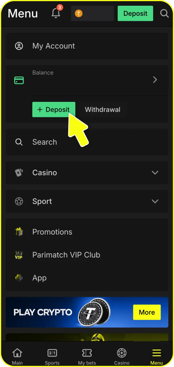 Open your profile menu and go to the cashier section for Parimatch deposit transfers.