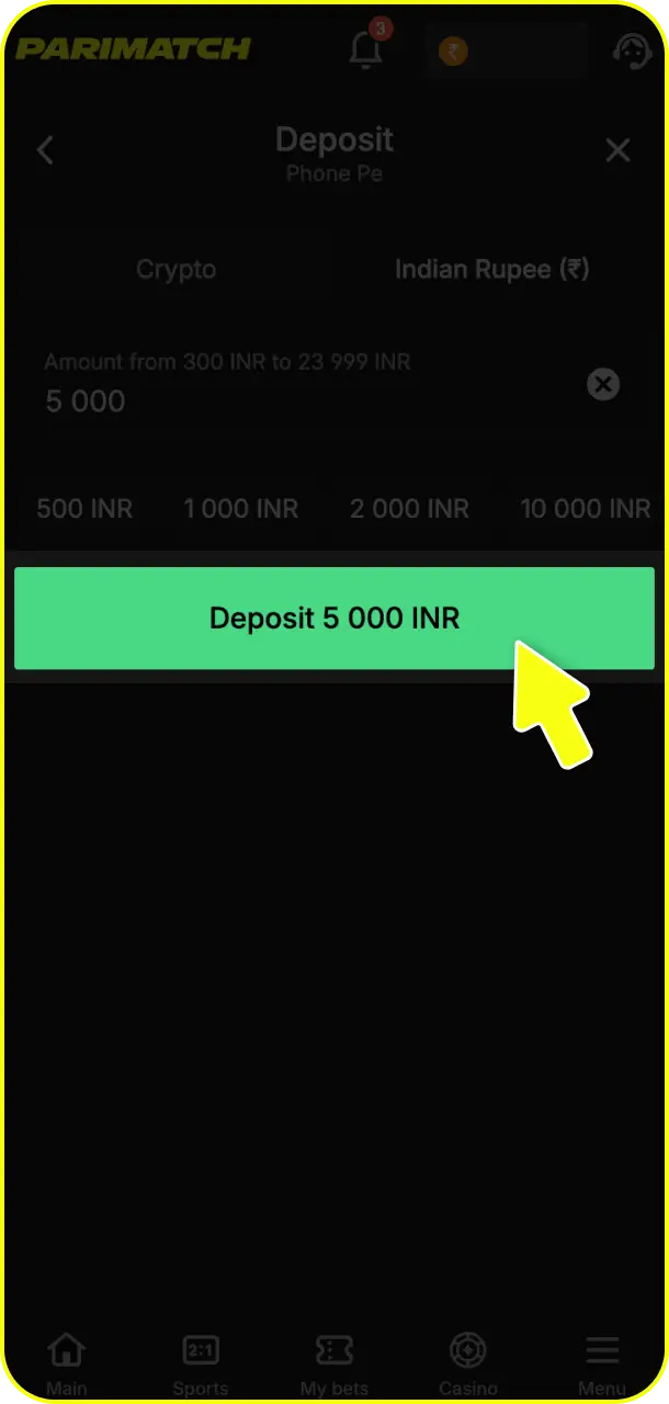Complete the necessary security verification screens to confirm the transaction securely via Parimatch deposit.