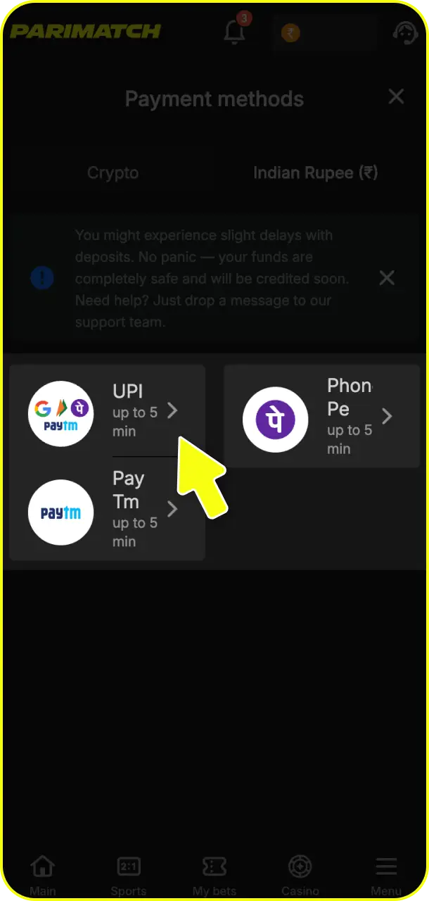 Review all available financial options to select a payment method safely on Parimatch deposit.