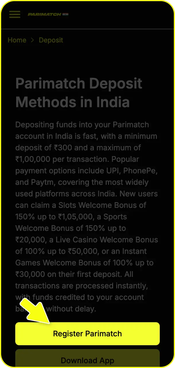 Click the button below to instantly initiate your payment process on Parimatch deposit.