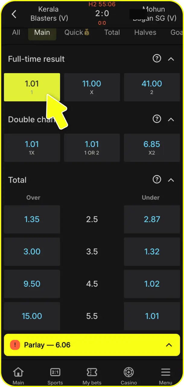 Analyze the extensive sportsbook markets and select your desired match outcome to place your bet on Parimatch.