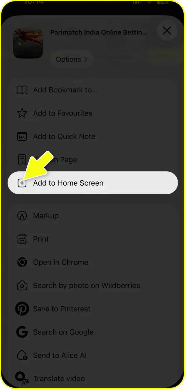 Select ‘Add to Home Screen' to create a fast shortcut for Parimatch app.