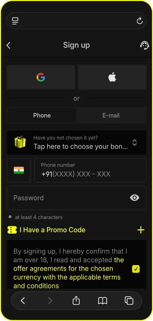 Log in or sign up to activate your unique account profile in Parimatch app.