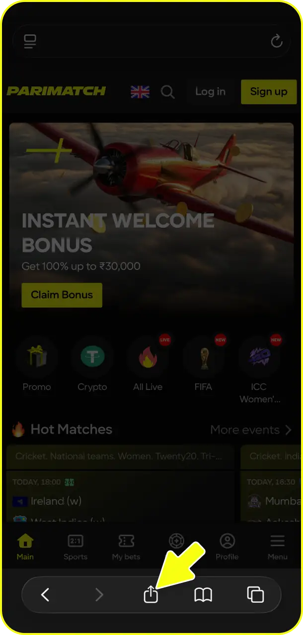 Click share within your mobile browser to open options on Parimatch app.