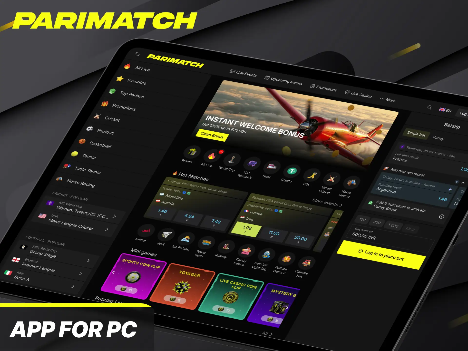 Install the dedicated software on your computer to enjoy the Parimatch app for PC.
