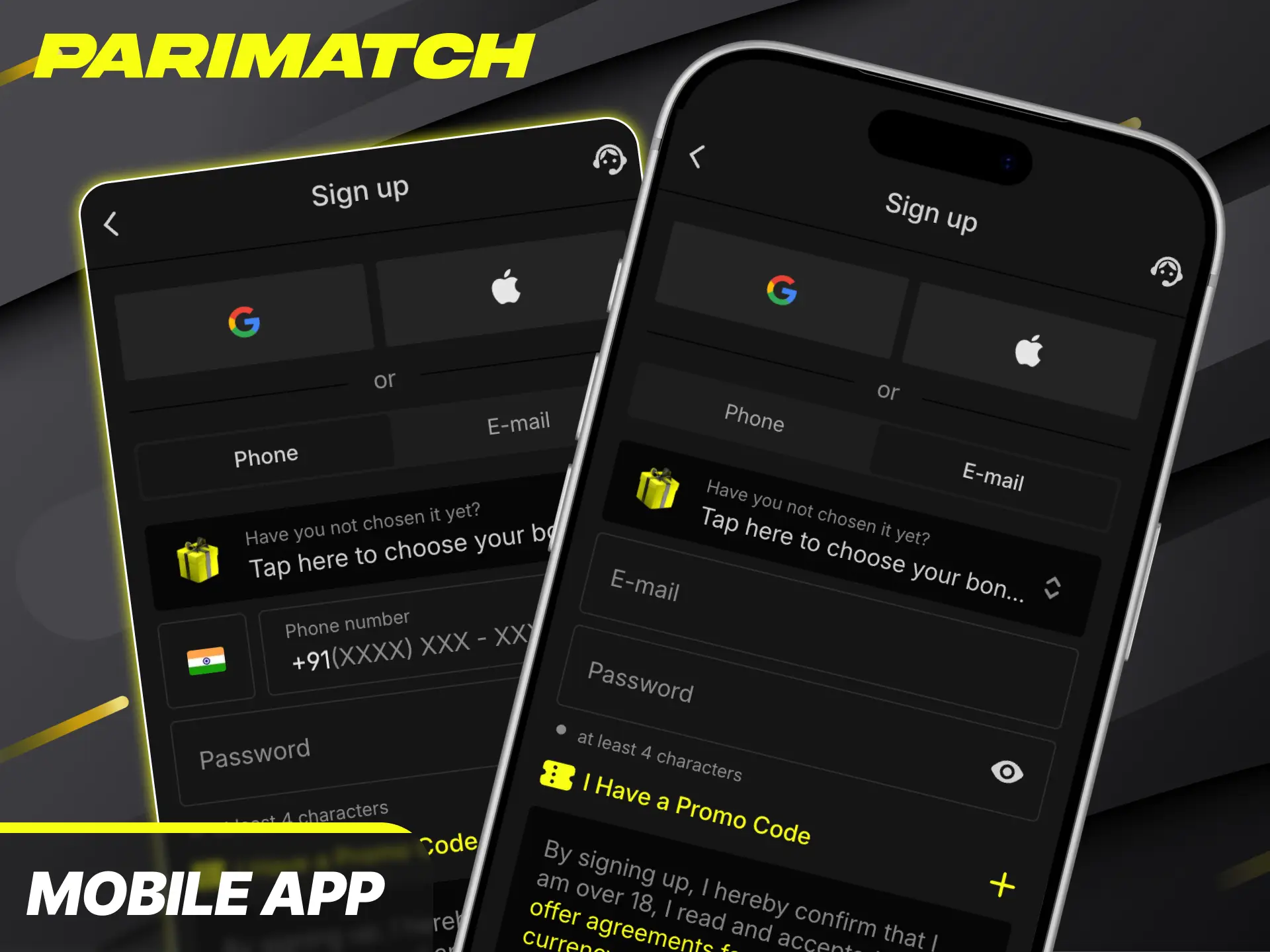 Experience quick profile setup on the go using registration via mobile app Parimatch.