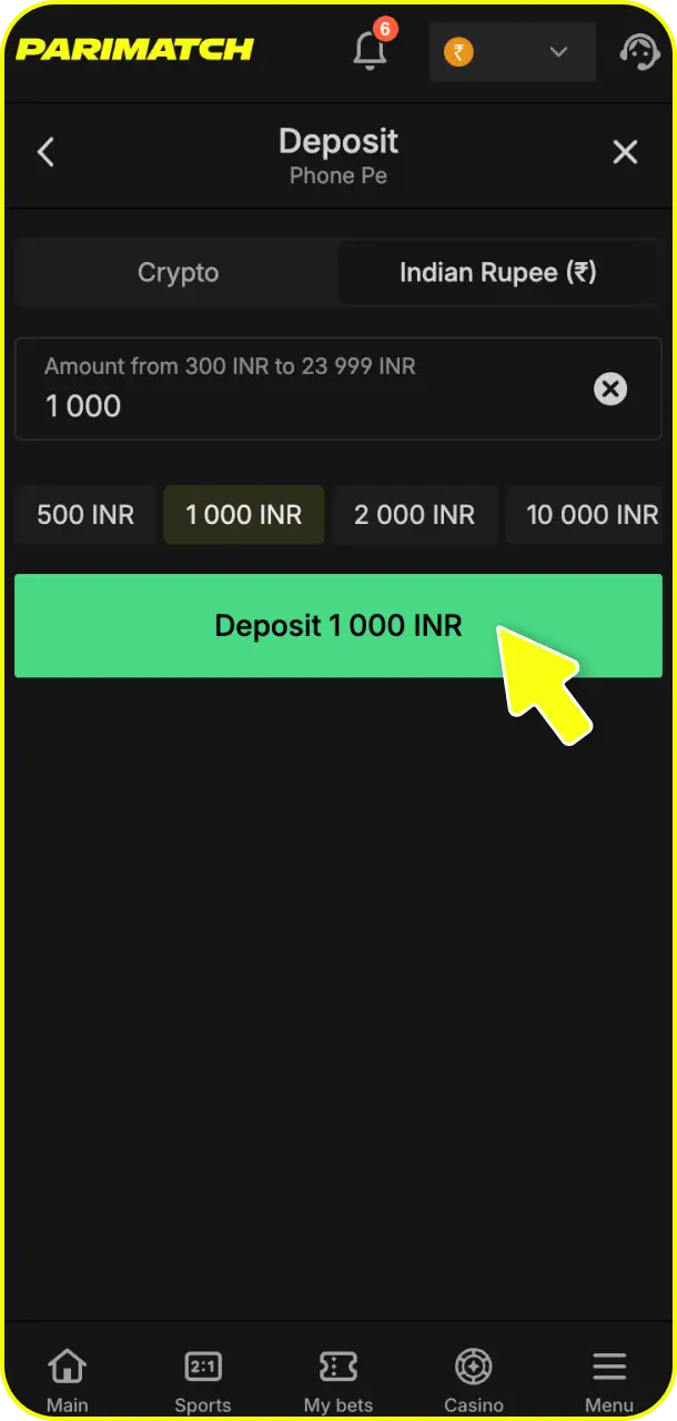 Fund your balance with real money to make a qualifying deposit after Parimatch registration.
