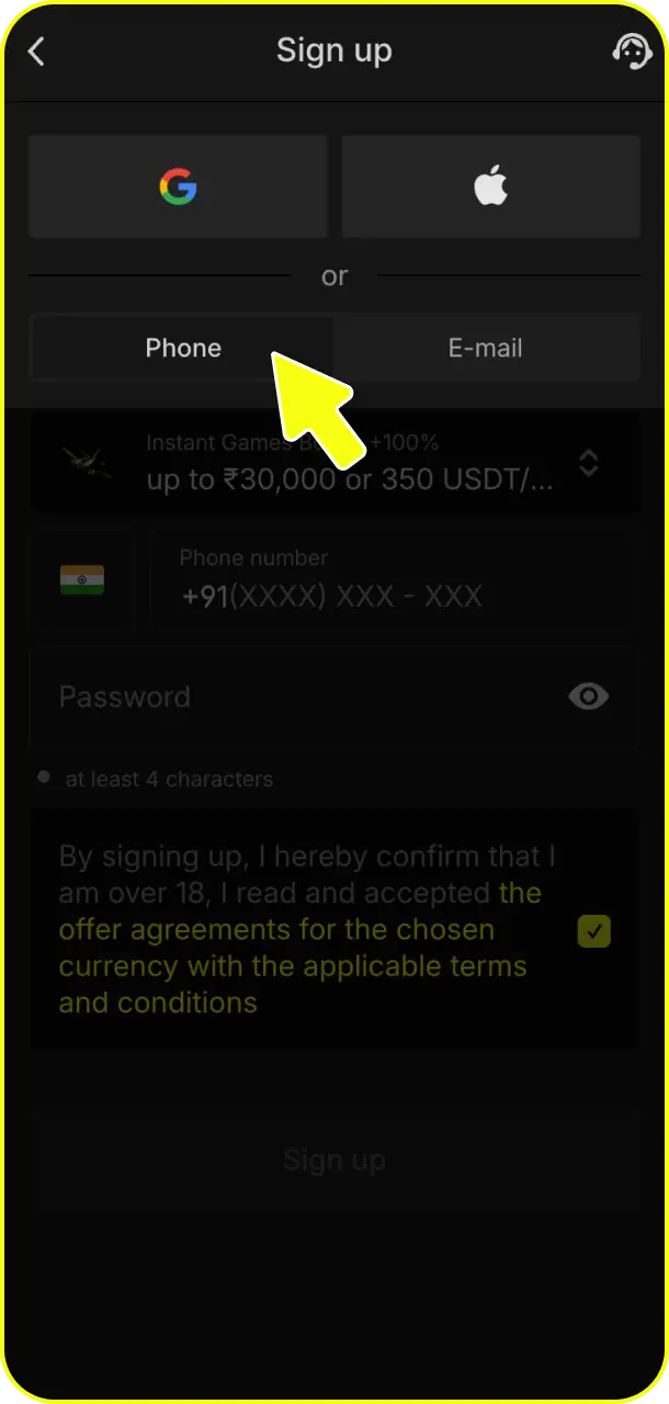 Choose your registration method to customize your profile setup during Parimatch registration.