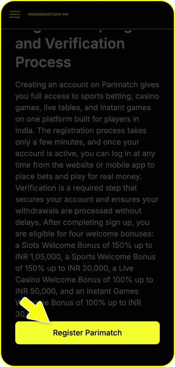 Click the sign up button to initiate your secure Parimatch registration process.