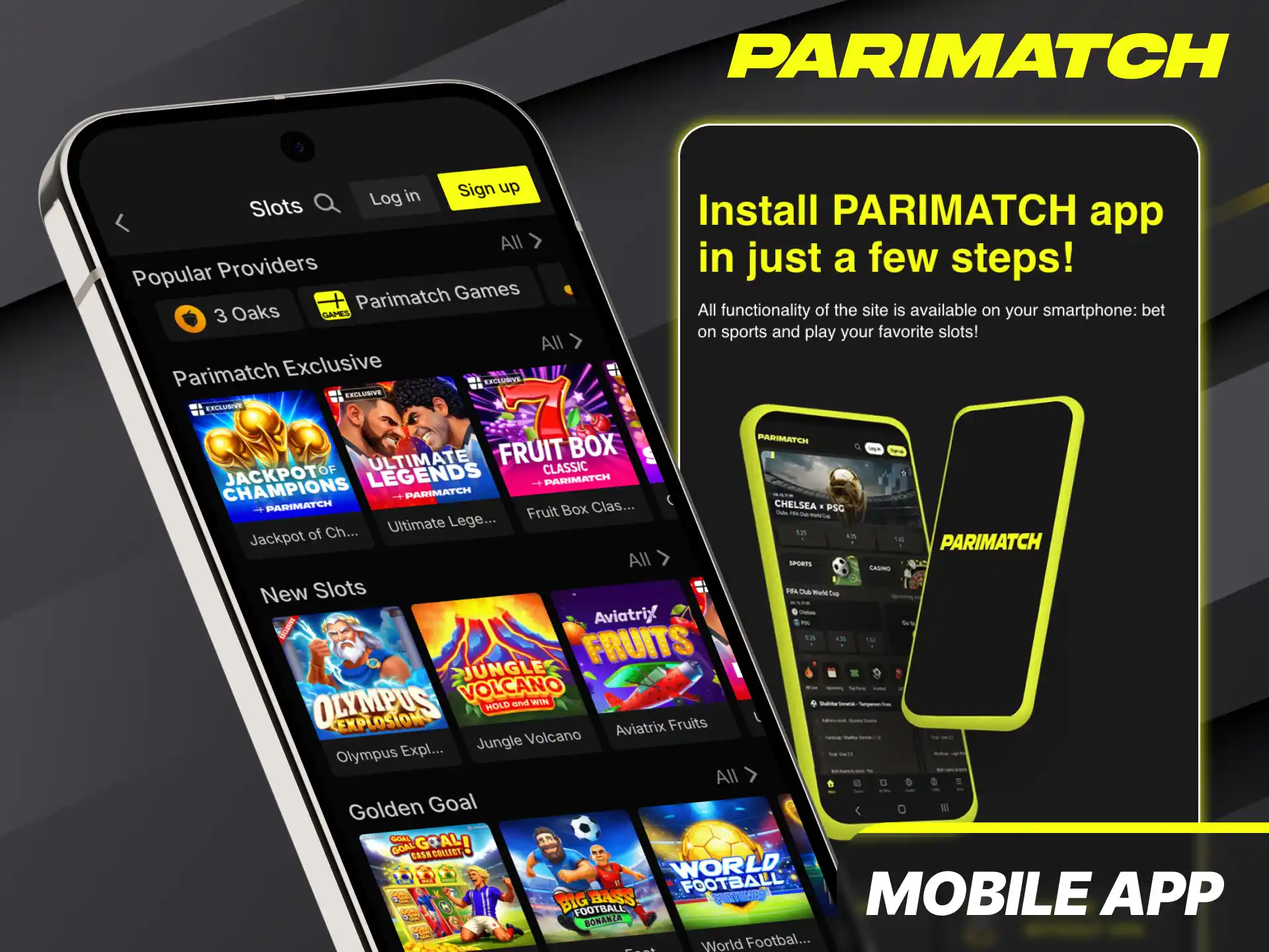 Install the fast mobile app for playing slots at Parimatch from anywhere.