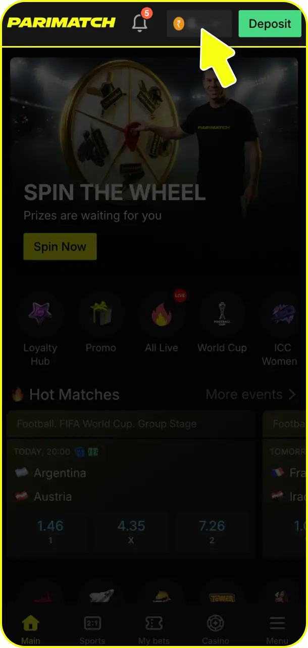 Open your profile dashboard and navigate to go to the cashier section for Parimatch withdrawal.