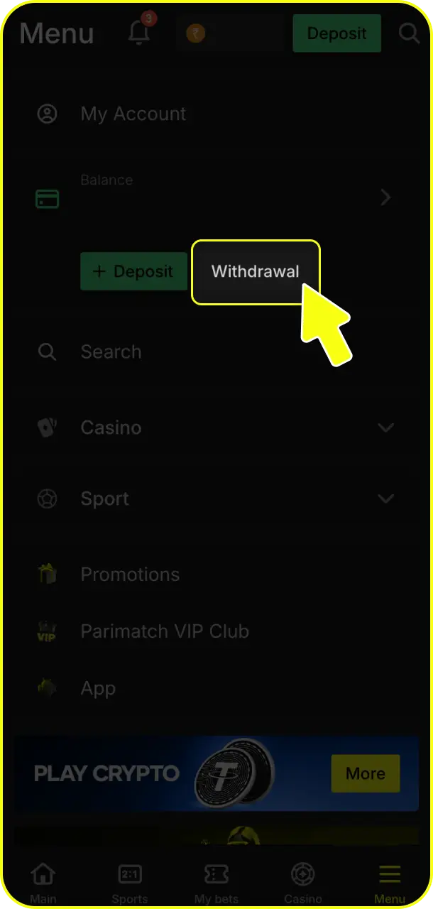 Click the designated cashout button to select withdrawal easily inside the Parimatch withdrawal tab.