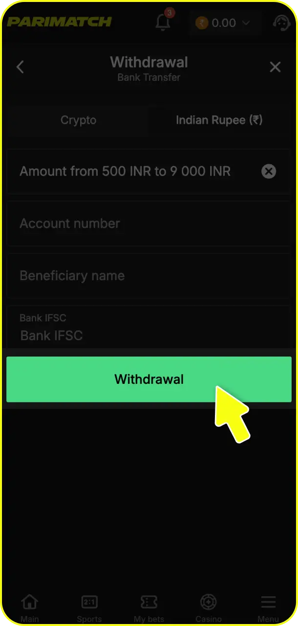 Complete your secure transaction steps to confirm the request successfully on Parimatch withdrawal.