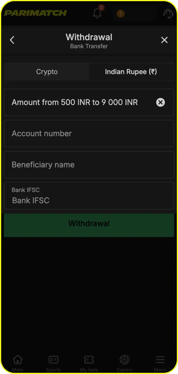 Choose a payment method and enter the amount you wish to cash out on Parimatch withdrawal.